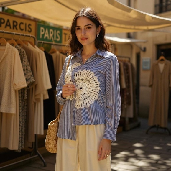 Blue Striped Women's Top with White Crochet Detail - Picture 2 of 4